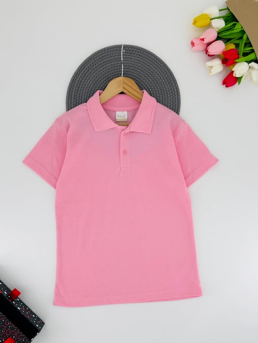 8045 Yakalı Lacost Kumaş Kısa Kol Çocuk Tişört-PEMBE