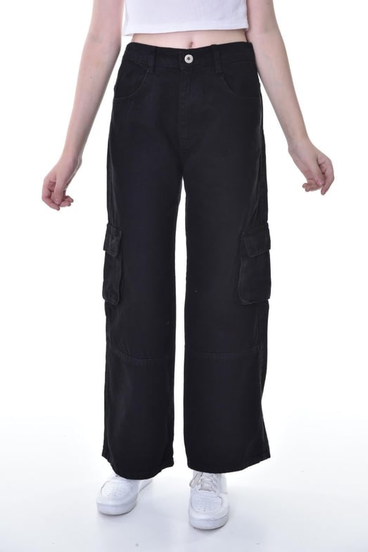 824-4 Komando Cepli Kız Çocuk Baggy Kot Pantolon (11/15 Yaş)-SİYAH