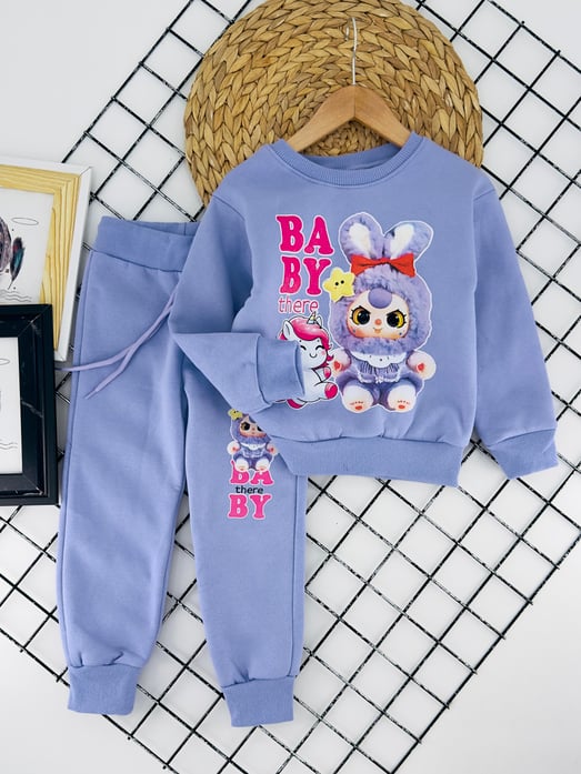 8247 Baby Yazılı Lbb Baskılı Kız Çocuk Üç İp Takım-LİLA