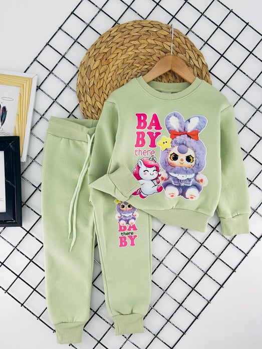 8247 Baby Yazılı Lbb Baskılı Kız Çocuk Üç İp Takım-YEŞİL