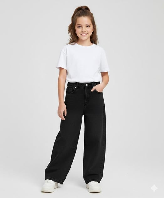 826-4 Kız Çocuk Baggy Kot Pantolon (12/16 Yaş)-SİYAH