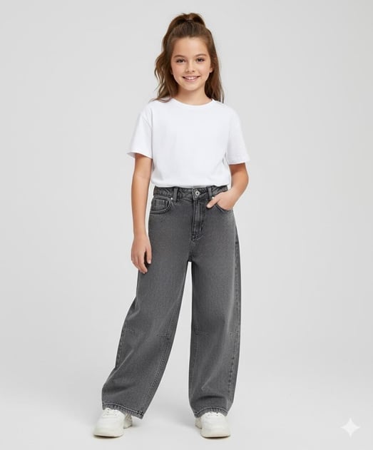 826-4 Kız Çocuk Baggy Kot Pantolon (12/16 Yaş)-ANTRASİT