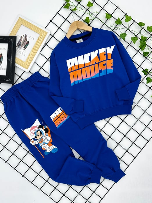 826 Mickey Baskılı Varyantlı Erkek Takım-SAKS MAVİ