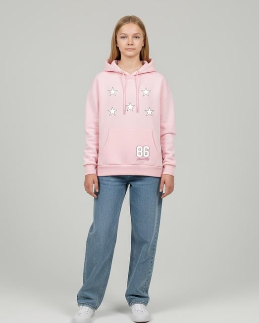 8264322 Önü Yıldız Baskılı Kapşonlu Kız Çocuk Sweat-PEMBE