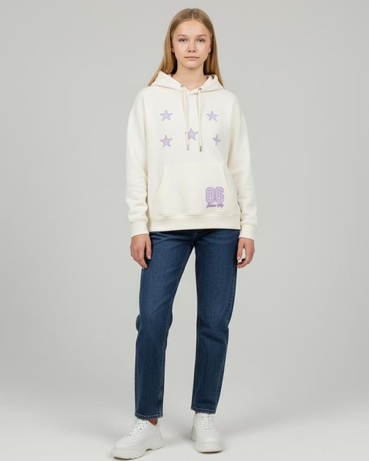 8264322 Önü Yıldız Baskılı Kapşonlu Kız Çocuk Sweat-BEYAZ