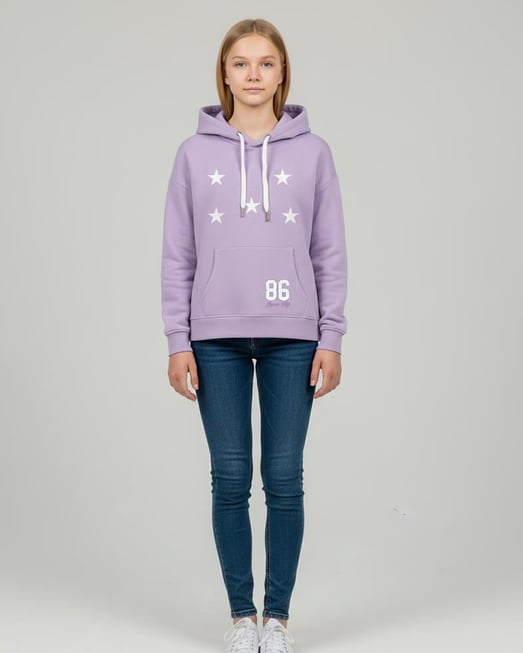 8264322 Önü Yıldız Baskılı Kapşonlu Kız Çocuk Sweat-LİLA