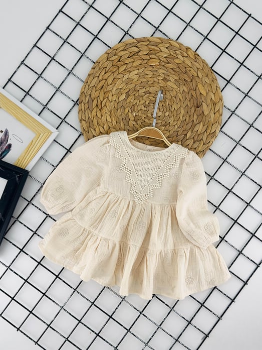 8303 U Dantelli Müslim kumaş Kız Elbise-KREM