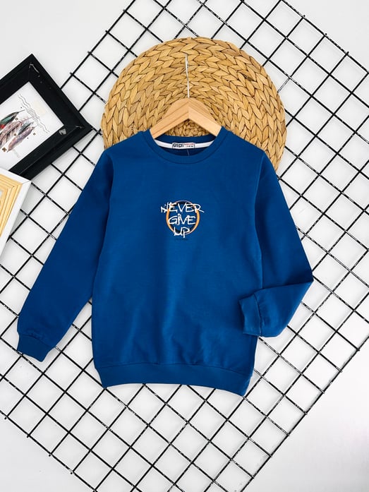 8307 Never Give Yazılı Erkek Çocuk Sweat-İNDİGO MAVİ