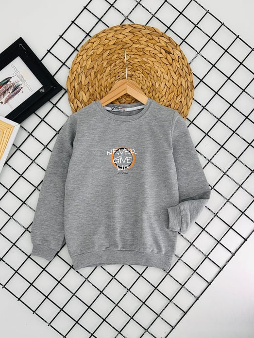 8307 Never Give Yazılı Erkek Çocuk Sweat-GRİ