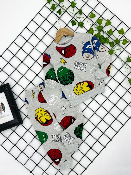 8500-10 Marvel Baskılı Erkek Çocuk Şardonlu Pijama Takım (3-7 Yaş)-GRİ