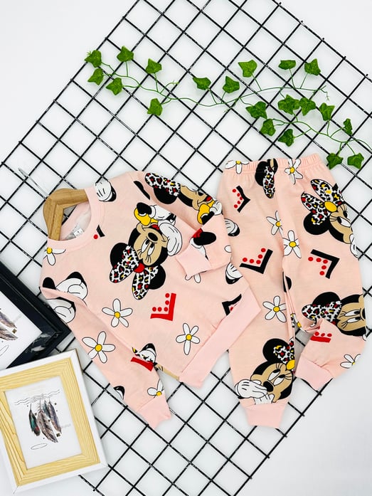 8500-17 Miki Desen Kız Çocuk Şardonlu Pijama Takım (3-7 Yaş)-PEMBE