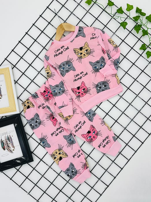 8500-22 Kedi Baskılı Kız Çocuk Şardonlu Pijama Takım (3-7 Yaş)-PEMBE