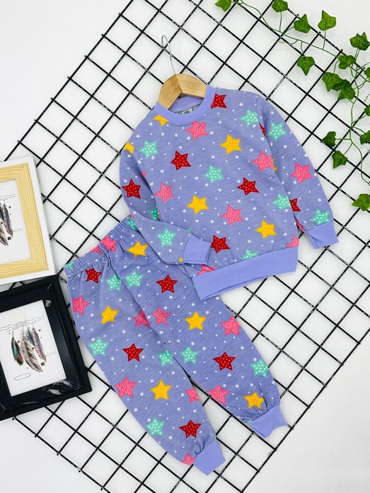 8500-25 Yıldız Baskılı Kız Çocuk Şardonlu Pijama Takım (3-7 Yaş)-LİLA