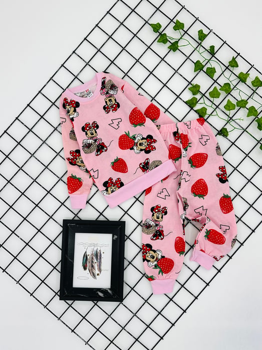 8500-6 Minie Çilek Baskılı Kız Çocuk Şardonlu Pijama Takım (3-7) Yaş-PEMBE