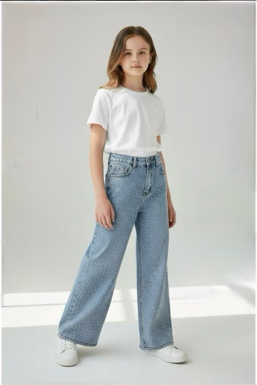 869-3 Serpme Taş Detaylı Kız Çocuk Baggy Kot Pantolon (6/10 Yaş)-AÇIK MAVİ