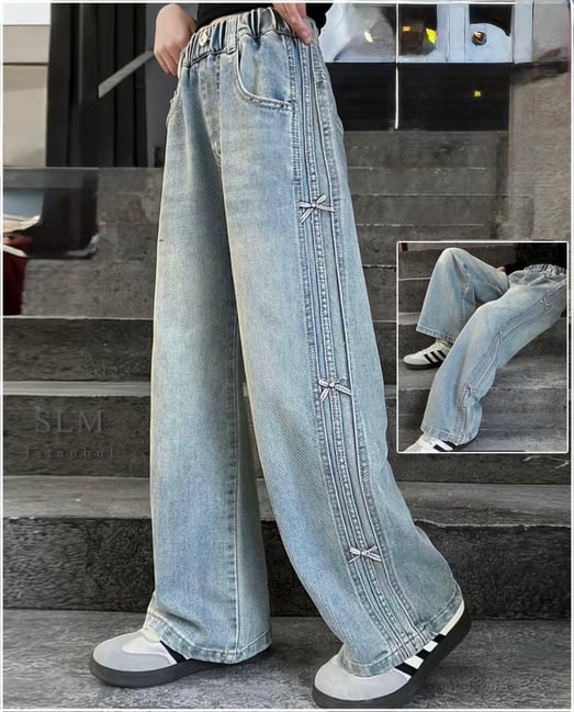 870-3 Bel Lastikli Küçük Fiyonk Detaylı Kız Çocuk Baggy Kot Pantolon (6/10 Yaş)-MAVİ