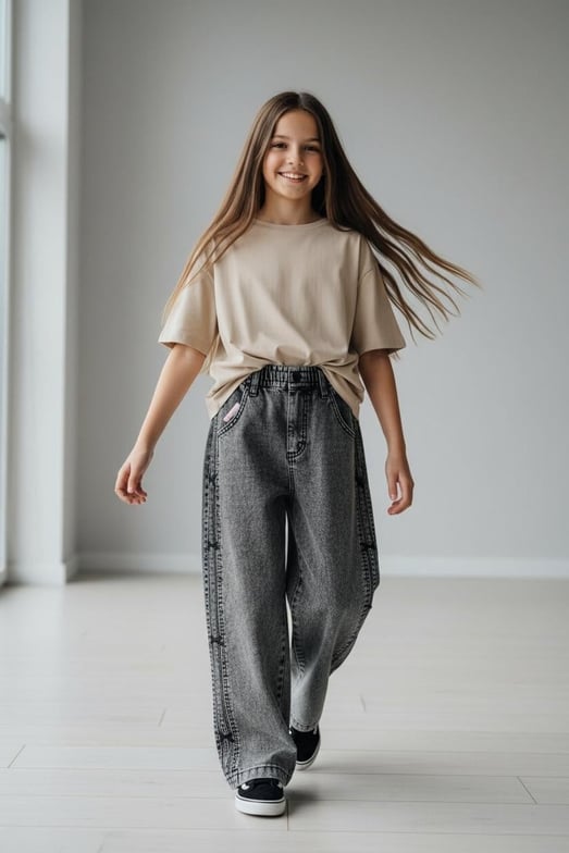 870-3 Bel Lastikli Küçük Fiyonk Detaylı Kız Çocuk Baggy Kot Pantolon (6/10 Yaş)-ANTRASİT