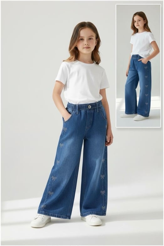 881-4 Yanları Fiyonklu Taşlı Kız Çocuk Baggy Kot Pantolon (11/15 Yaş)-MAVİ