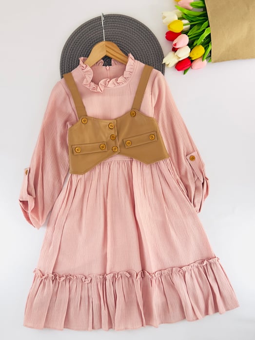 90159 Deri Yelekli Düğmeli Kız Çocuk Elbise-PEMBE