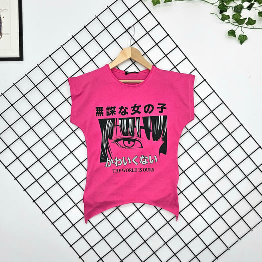 91003 Penye Göz Baskılı Kız Çocuk Tişört-PEMBE