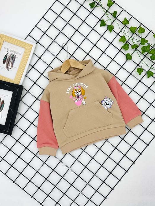 9109 Stay Baskılı Kız Çocuk Kapşonlu İki İplik Sweat-BEJ