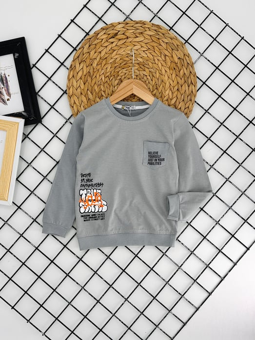 9147 Yanı Cepli Belive Yazılı Erkek Çocuk Sweat-GRİ