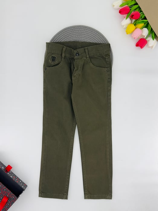 9400-14 W Nakışlı Erkek Çocuk Dar Paça Keten Pantolon 2066-HAKİ YEŞİLİ