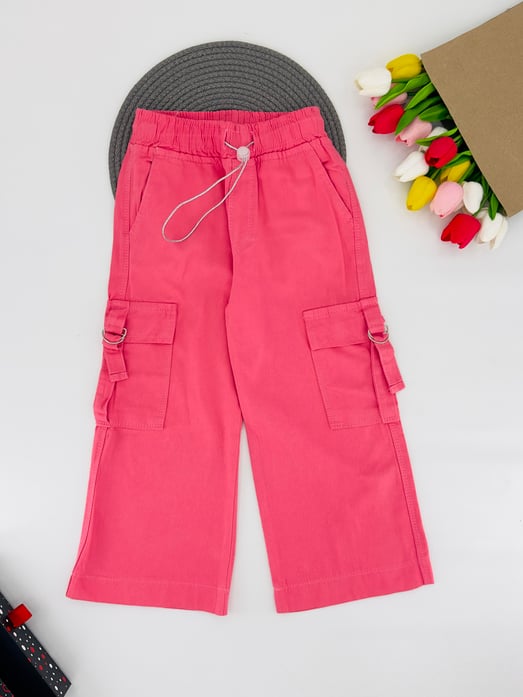 9400-2 Komando Cep Kapaklı Bol Paça Keten Kız Çocuk Pantolon 5560-PEMBE