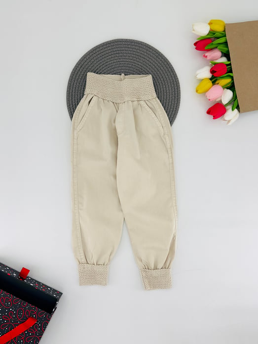 9400-3 Kız Çocuk Bol Paça Keten Pantolon 1195-TAŞ