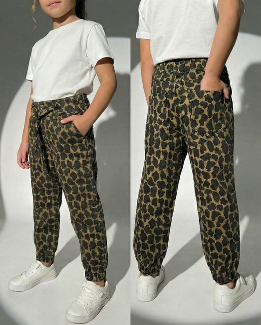 9400-35 Leopar Desenli Paçası Büzgülü Kanvas Kız Çocuk Pantolon 1211-1-LEOPAR