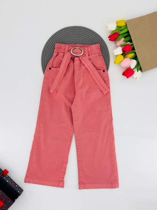 9400-40 Bel Kemerli Bol Paça Kız Çocuk Pantolon 3329-PUDRA