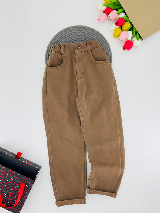 9400-5 Bel Lastikli Düğmeli Kız Çocuk Bol Paça Pantolon 3390-KAHVE