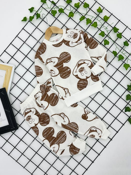 9500-18 Miki Mouse Baskılı Erkek Çocuk İçi Şardonlu Pijama Takım (8-12 Yaş)-KREM