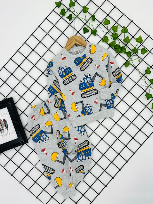 9500-8 İş Makinası Dubalı Şardonlu Erkek Çocuk Pijama Takım (8-12 Yaş)-GRİ