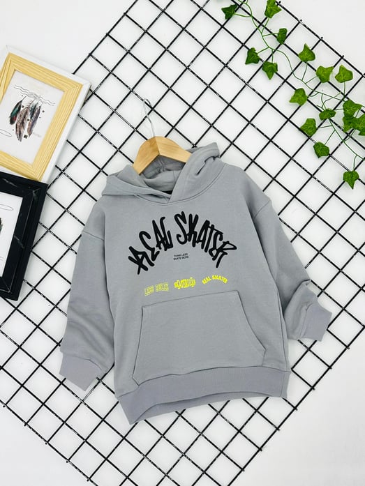 9863 Thınk Less Yazılı Baskılı Kapşonlu Erkek Çocuk Üç İplik Sweat-GRİ