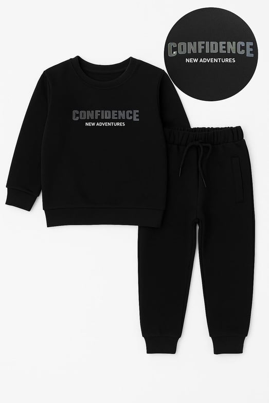 9966 Confidence Yazılı Baskılı Erkek Çocuk İki İplik Penye Takım-SİYAH