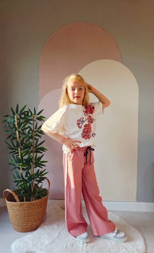 00010-2 Çoklu Çiçek Baskılı Altı Keten Kız Çocuk Takım-GÜL KURUSU