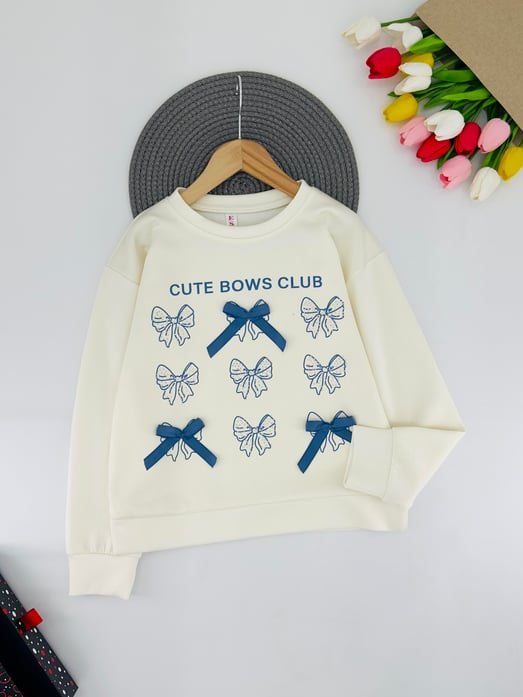 0225-4 Cute Yazılı Fiyonk Baskılı Kız Çocuk Oysho Kumaş Sweat-BEYAZA MAVİ