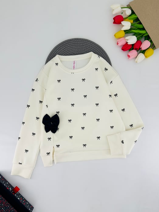 0225-5 Çoklu Fiyonk Baskılı Kız Çocuk Oysho Kumaş Sweat-KREM