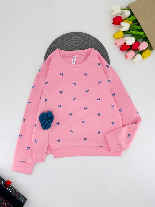 0225-5 Çoklu Fiyonk Baskılı Kız Çocuk Oysho Kumaş Sweat-PEMBE