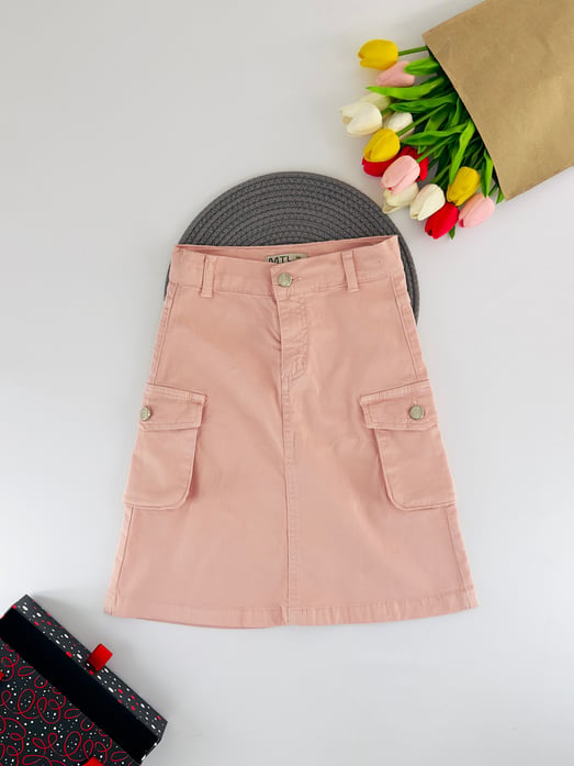 0238-1 Kargo Cepli Kız Çocuk Keten Etek-PEMBE