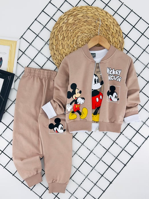0275 Mcky Ms Yazılı Baskılı Erkek Çocuk Penye Üçlü Takım-BEJ