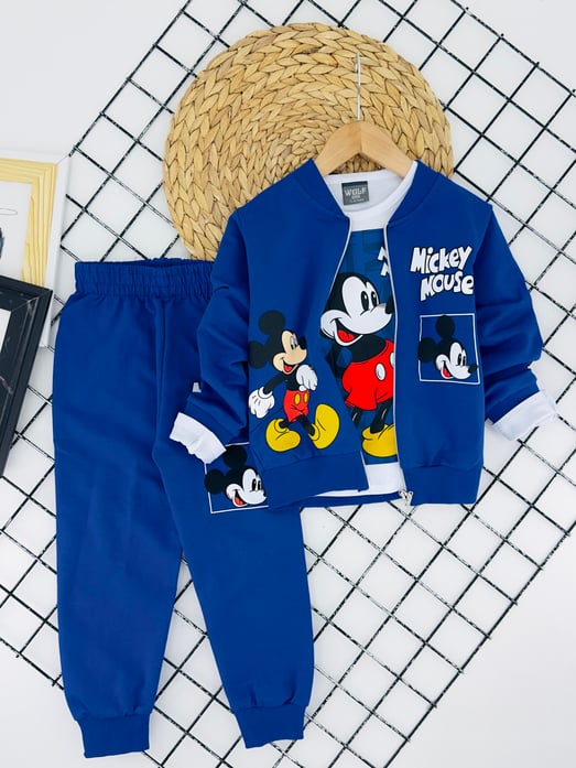 0275 Mcky Ms Yazılı Baskılı Erkek Çocuk Penye Üçlü Takım-SAKS MAVİ