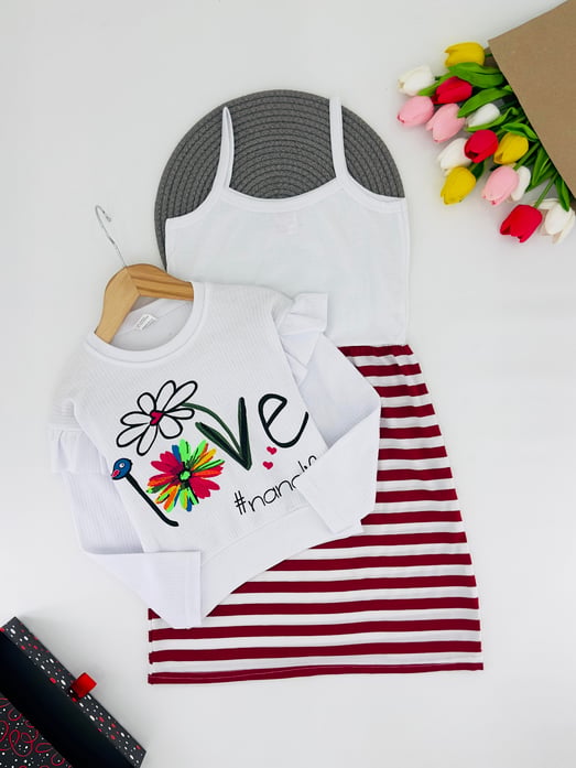 0337 Love Çiçek Baskılı Kız Çocuk İkili Elbise-BORDO