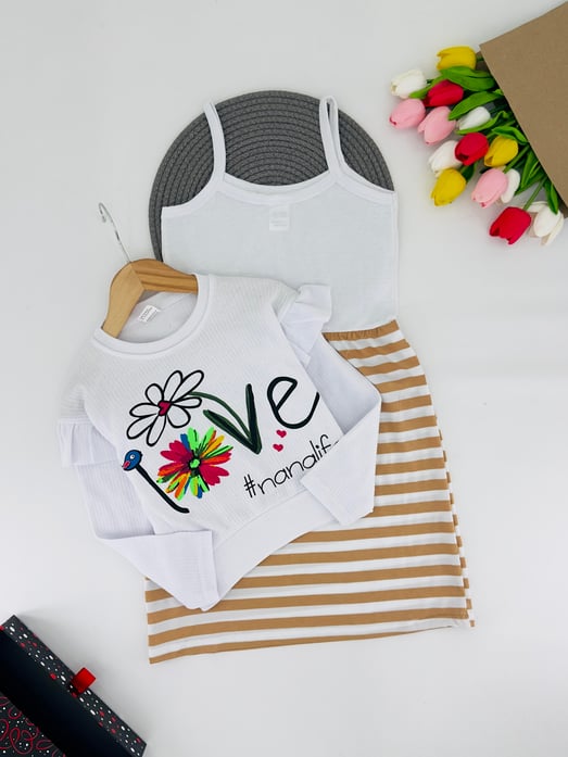 0337 Love Çiçek Baskılı Kız Çocuk İkili Elbise-TABA
