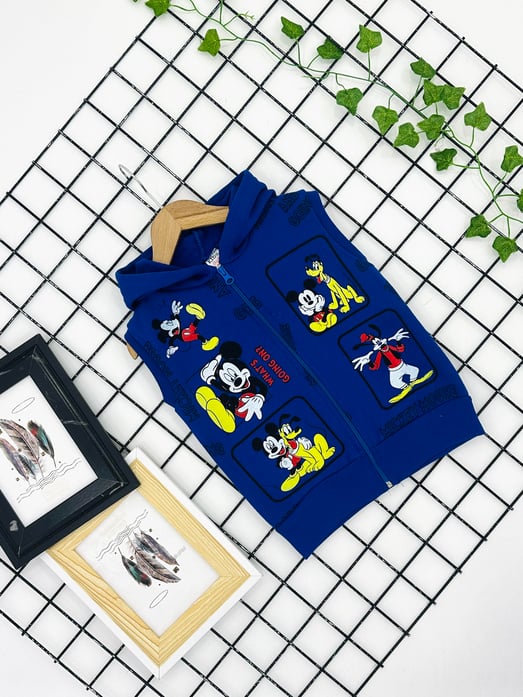 0338 Mickey Baskı Kapşonlu 3ip Erkek Yelek-SAKS MAVİ