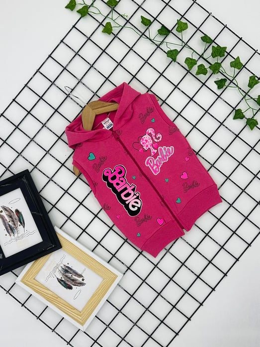 0350 Kapşonlu Üç İplik Kız Çocuk Yelek-PEMBE
