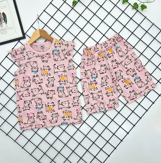 0605-3 Kedi Desenli Kol Fırfırlı Kız Çocuk Şortlu Takım-PEMBE