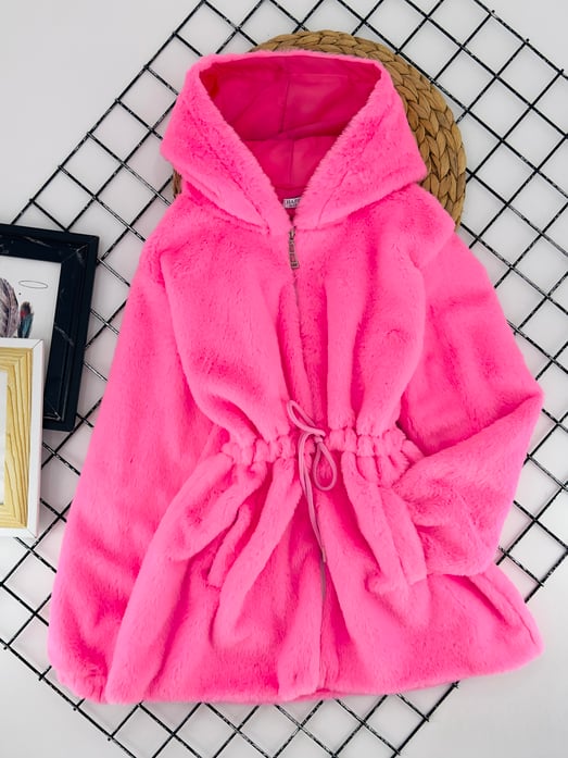 0685-1 Bel Bağlamalı Kız Çocuk Kürk Mont-FOSFORLU PEMBE