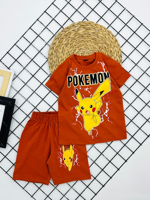 0703 Pkmn Yazılı Baskılı Erkek Çocuk Penye Şortlu Takım (3/6 Yaş)-KİREMİT